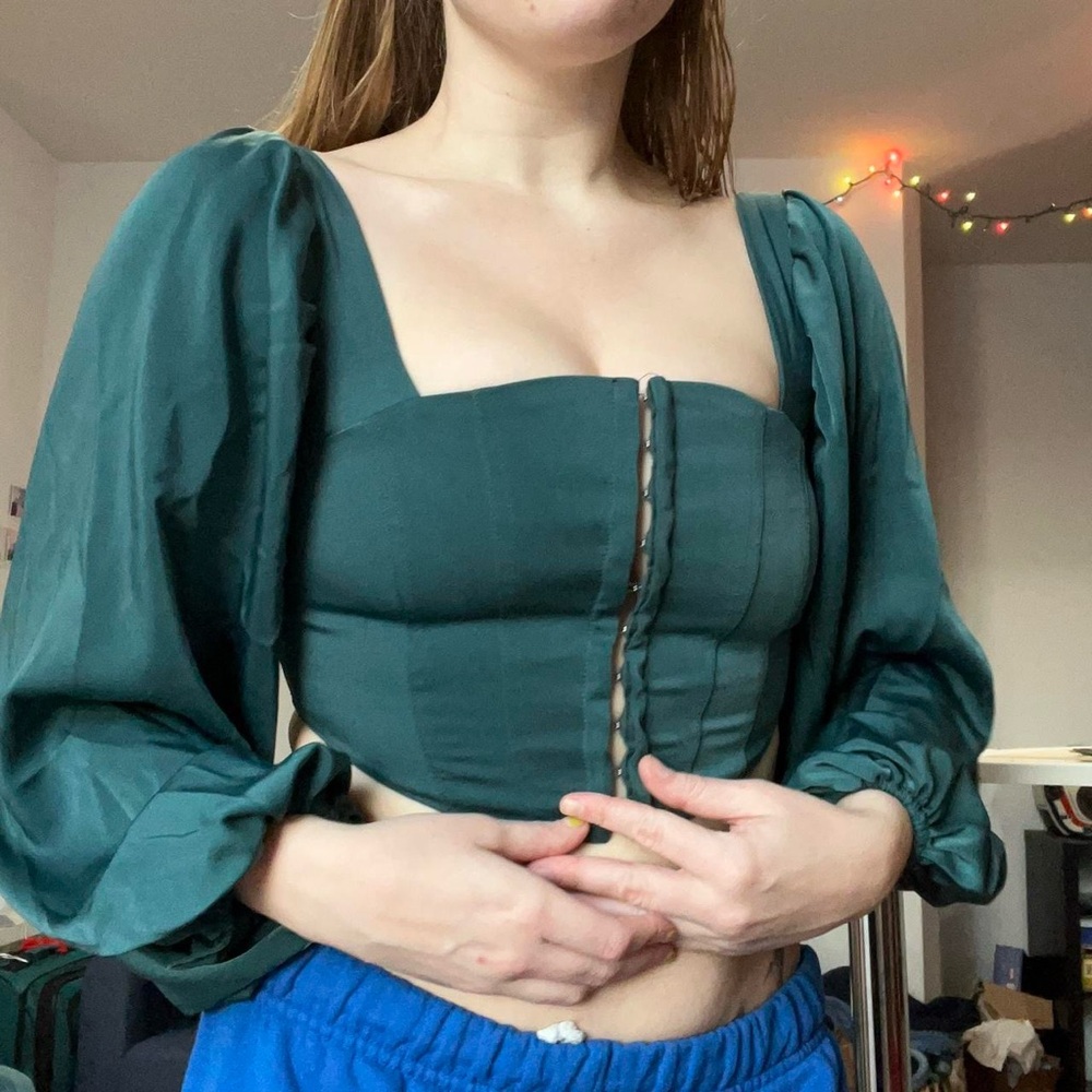 Urban Outfitters Green Puff Sleeve Crop Blouse